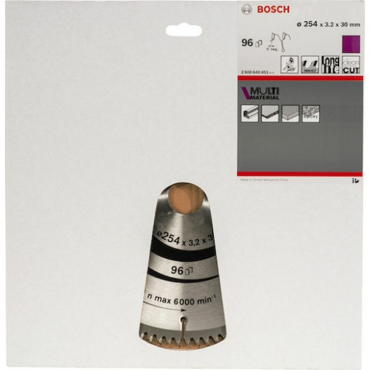 Bosch Δίσκος Κοπής Ξύλου με 96 Δόντια 254mm 2608640451