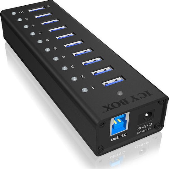 Icy Box USB 3.0 Hub 10 Θυρών με σύνδεση USB-A & Θύρα Φόρτισης και Εξωτερική Παροχή Ρεύματος