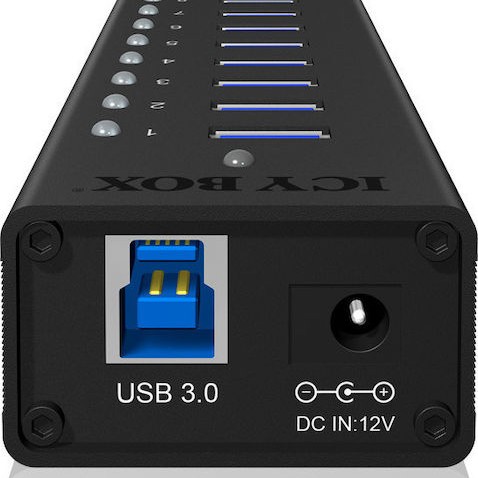 Icy Box USB 3.0 Hub 10 Θυρών με σύνδεση USB-A & Θύρα Φόρτισης και Εξωτερική Παροχή Ρεύματος