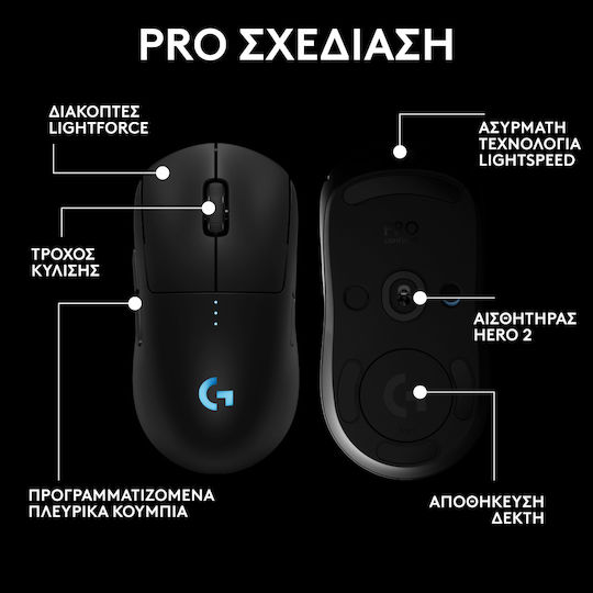 Logitech G Pro 2 Lightspeed Ασύρματο RGB Gaming Ποντίκι 44000 DPI Μαύρο