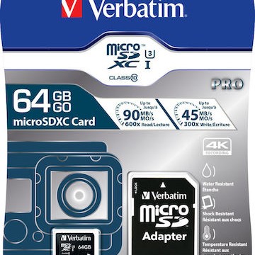 Verbatim Pro microSDXC 64GB Class 10 U3 UHS-I με αντάπτορα