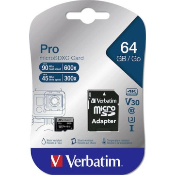 Verbatim Pro microSDXC 64GB Class 10 U3 UHS-I με αντάπτορα