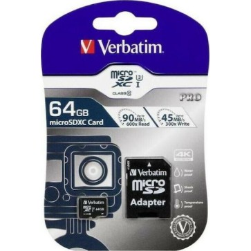 Verbatim Pro microSDXC 64GB Class 10 U3 UHS-I με αντάπτορα