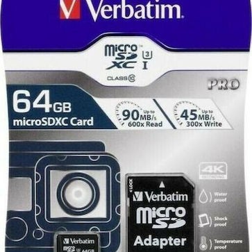 Verbatim Pro microSDXC 64GB Class 10 U3 UHS-I με αντάπτορα