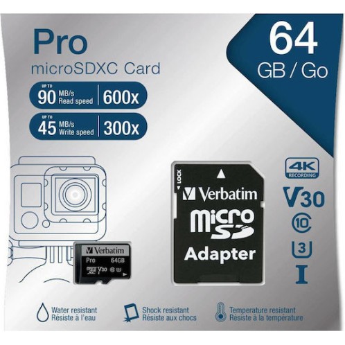 Verbatim Pro microSDXC 64GB Class 10 U3 UHS-I με αντάπτορα