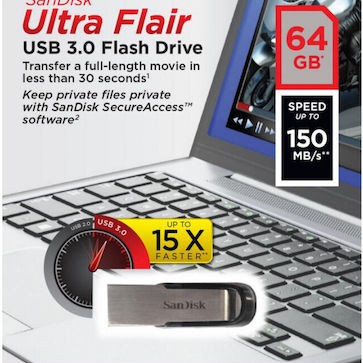 Sandisk Ultra Flair 64GB USB 3.0 Stick Μαύρο
