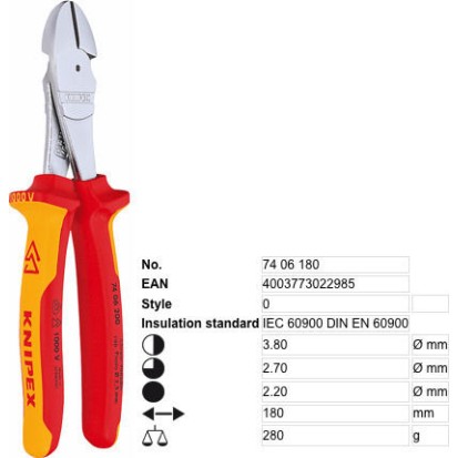 Knipex Πλαγιοκόφτης Ηλεκτρολόγου Μήκους 180mm