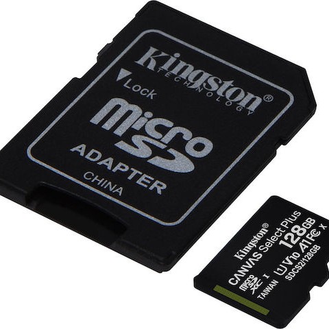 Kingston Canvas Select Plus microSDXC 128GB Class 10 U1 V10 A1 UHS-I με αντάπτορα
