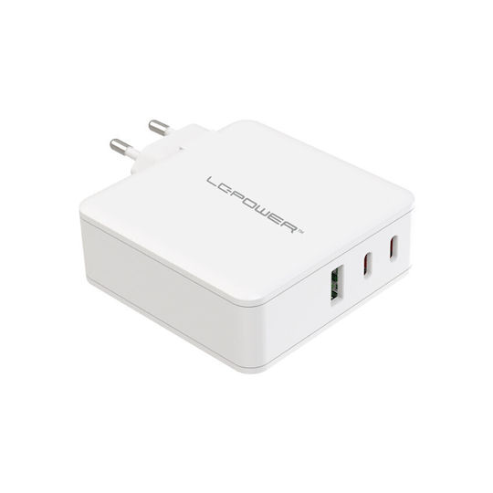 LC-Power Φορτιστής Χωρίς Καλώδιο GaN με Θύρα USB-A και 2 Θύρες USB-C 100W Power Delivery Λευκός (LC-GAN-100)