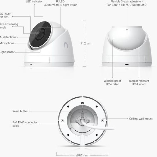 Ubiquiti G5 Turret IP Κάμερα Παρακολούθησης Full HD+ 4MP Αδιάβροχη με Μικρόφωνο και Φακό 2.4mm