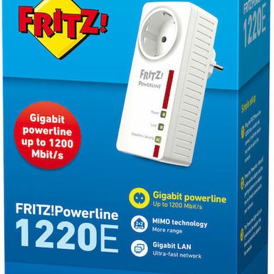 AVM Fritz!Powerline 1220E Powerline για Ενσύρματη Σύνδεση με Passthrough Πρίζα και 2 Θύρες Gigabit Ethernet