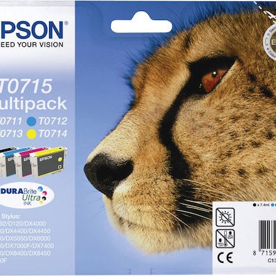 Epson T0715 Γνήσιο Πακέτο 4 Μελανιών Εκτυπωτή InkJet Κίτρινο / Κυανό / Ματζέντα / Μαύρο (C13T07154010 C13T07154020 C13T07154012)