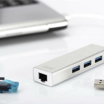 Digitus USB 3.0 Hub 3 Θυρών με σύνδεση USB-A / Ethernet Ασημί