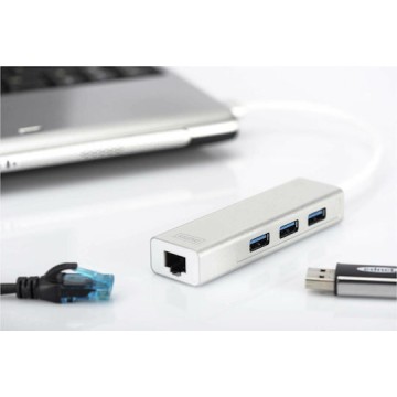 Digitus USB 3.0 Hub 3 Θυρών με σύνδεση USB-A / Ethernet Ασημί
