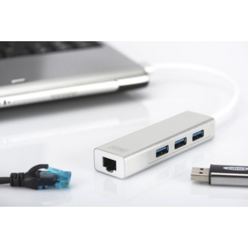 Digitus USB 3.0 Hub 3 Θυρών με σύνδεση USB-A / Ethernet Ασημί