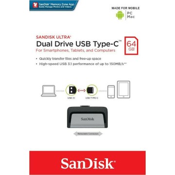 Sandisk Ultra Dual Drive 64GB USB 3.1 Stick με σύνδεση USB-A & USB-C Λευκό