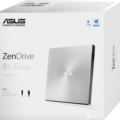 Asus ZenDrive U9M Εξωτερικός Οδηγός Εγγραφής/Ανάγνωσης DVD/CD για Laptop / Desktop Ασημί