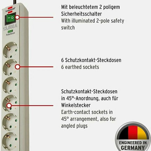Brennenstuhl Πολύπριζο Ασφαλείας 6 Θέσεων με Διακόπτη και Καλώδιο 1.5m Γκρι