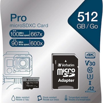 Verbatim Pro microSDXC 512GB Class 10 U3 V10 A2 UHS-I με αντάπτορα