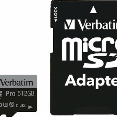 Verbatim Pro microSDXC 512GB Class 10 U3 V10 A2 UHS-I με αντάπτορα