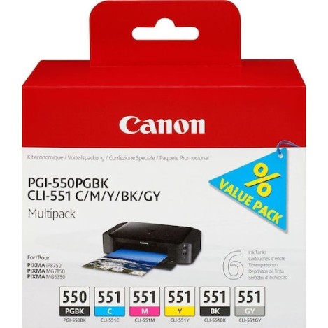 Canon PGI-550/CLI-551 Γνήσιο Πακέτο 6 Μελανιών Εκτυπωτή InkJet Γκρι / Κίτρινο / Κυανό / Ματζέντα / Μαύρο (6496B005)
