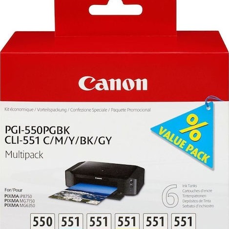 Canon PGI-550/CLI-551 Γνήσιο Πακέτο 6 Μελανιών Εκτυπωτή InkJet Γκρι / Κίτρινο / Κυανό / Ματζέντα / Μαύρο (6496B005)