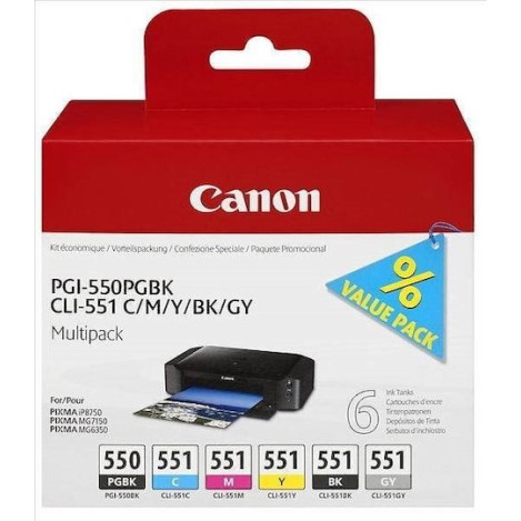 Canon PGI-550/CLI-551 Γνήσιο Πακέτο 6 Μελανιών Εκτυπωτή InkJet Γκρι / Κίτρινο / Κυανό / Ματζέντα / Μαύρο (6496B005)
