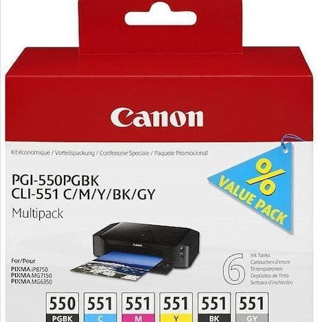 Canon PGI-550/CLI-551 Γνήσιο Πακέτο 6 Μελανιών Εκτυπωτή InkJet Γκρι / Κίτρινο / Κυανό / Ματζέντα / Μαύρο (6496B005)