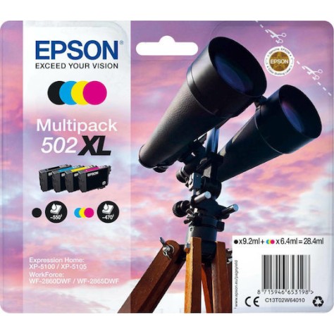 Epson 502XL Γνήσιο Πακέτο 4 Μελανιών Εκτυπωτή InkJet Κίτρινο / Κυανό / Ματζέντα / Μαύρο (C13T02W64010)