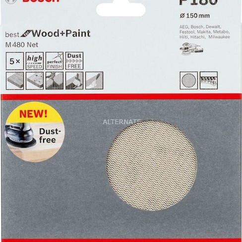 Bosch Φύλλο Λείανσης Έκκεντρου Τριβείου K180 150x150mm Σετ 5τμχ