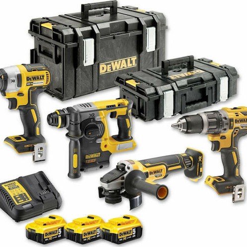 Dewalt Σετ Γωνιακός Τροχός, Δραπανοκατσάβιδο, Μπουλονόκλειδο & Παλμικό Κατσαβίδι 18V με 3 Μπαταρίες 5Ah και Θήκη