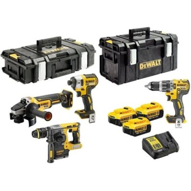 Dewalt Σετ Γωνιακός Τροχός, Δραπανοκατσάβιδο, Μπουλονόκλειδο & Παλμικό Κατσαβίδι 18V με 3 Μπαταρίες 5Ah και Θήκη