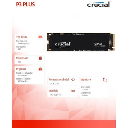 Crucial P3 Plus SSD 2TB M.2 NVMe PCI Express 4.0 Bulk