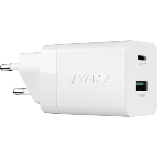 Varta Φορτιστής Χωρίς Καλώδιο με Θύρα USB-A και Θύρα USB-C 20W Λευκός