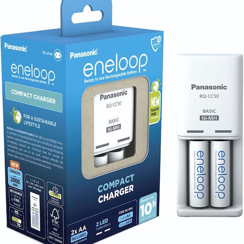 Panasonic Eneloop Compact BQ-CC50 Φορτιστής 2 Μπαταριών Ni-MH Μεγέθους AA Σετ με 2x AA 2000mAh σε Λευκό χρώμα