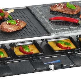 Clatronic Επιτραπέζια Ηλεκτρική Ψησταριά Raclette Αλουμινίου Λείας και Αυλακωτής Πλάκας 1400W Ανοξείδωτη 46x23εκ.