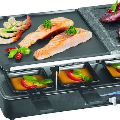 Clatronic Επιτραπέζια Ηλεκτρική Ψησταριά Raclette Αλουμινίου Λείας και Αυλακωτής Πλάκας 1400W Ανοξείδωτη 46x23εκ.
