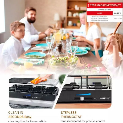 Clatronic Επιτραπέζια Ηλεκτρική Ψησταριά Raclette Αλουμινίου Λείας και Αυλακωτής Πλάκας 1400W Ανοξείδωτη 46x23εκ.