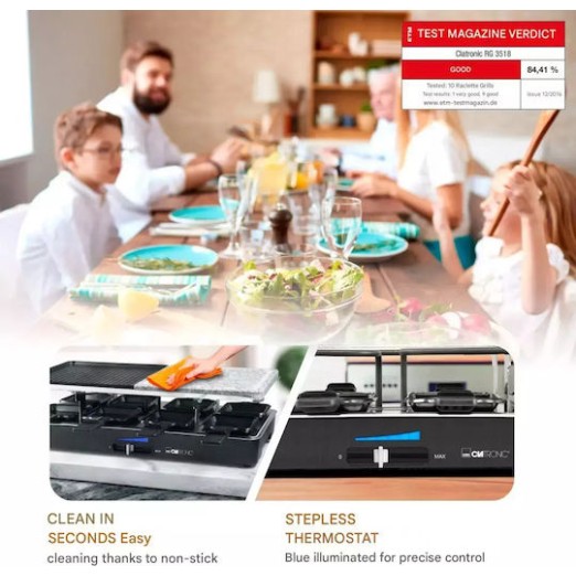 Clatronic Επιτραπέζια Ηλεκτρική Ψησταριά Raclette Αλουμινίου Λείας και Αυλακωτής Πλάκας 1400W Ανοξείδωτη 46x23εκ.
