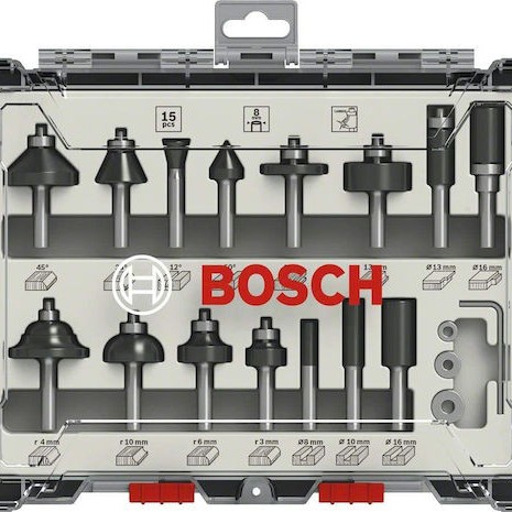 Bosch Σετ Φρέζες Καρβιδίου για Διαμόρφωση Αυλακώσεων σε Ξύλο 8mm με Οδηγό και Ρουλεμάν 15τμχ