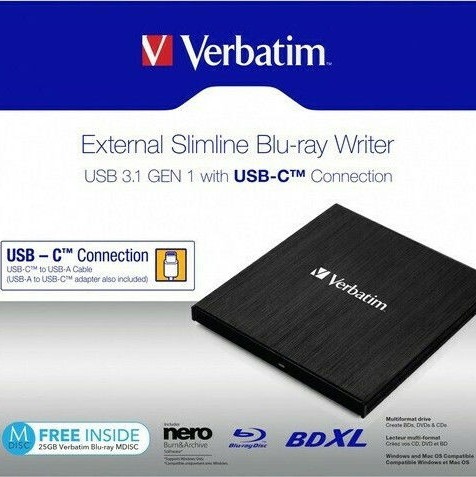 Verbatim Εξωτερικός Οδηγός Εγγραφής/Ανάγνωσης Blu-Ray/DVD/CD για Desktop / Laptop Μαύρο