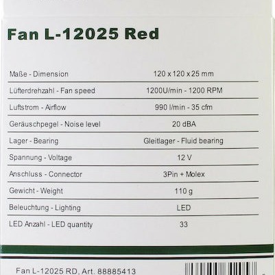 Inter-Tech L-12025 Case Fan με Κόκκινο Φωτισμό και Σύνδεση 3-Pin / 4-Pin Molex