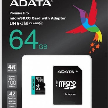 Adata Premier Pro microSDXC 64GB Class 10 U3 V30 A2 UHS-I με αντάπτορα