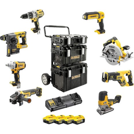 Dewalt Σετ Γωνιακός Τροχός, Δισκοπρίονο, Κρουστικό Δραπανοκατσάβιδο, Μπουλονόκλειδο, Πιστολέτο, Σέγα, Σπαθοσέγα & Φακός 18V με 4 Μπαταρίες 5Ah και Θήκη