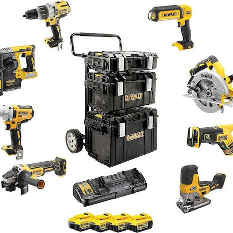 Dewalt Σετ Γωνιακός Τροχός, Δισκοπρίονο, Κρουστικό Δραπανοκατσάβιδο, Μπουλονόκλειδο, Πιστολέτο, Σέγα, Σπαθοσέγα & Φακός 18V με 4 Μπαταρίες 5Ah και Θήκη