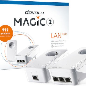 Devolo Magic 2 LAN Triple (8510) Powerline Διπλού Kit για Ενσύρματη Σύνδεση με Passthrough Πρίζα και 3 Θύρες Gigabit Ethernet