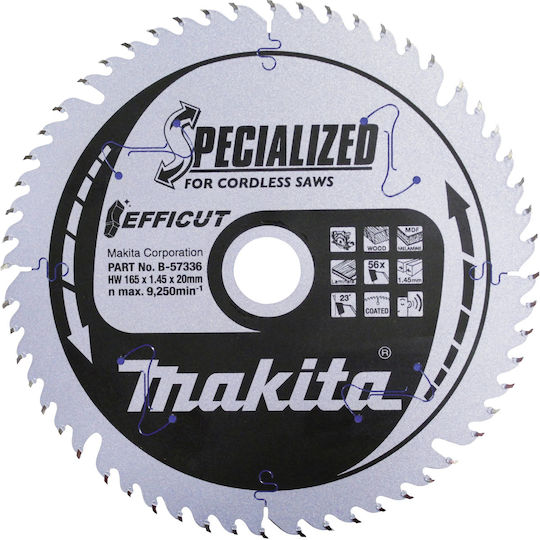 Makita Δίσκος Κοπής Ξύλου με 56 Δόντια 165mm B-57336