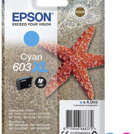 Epson 603XL Γνήσιο Μελάνι Εκτυπωτή InkJet Κυανό (C13T03A24010)