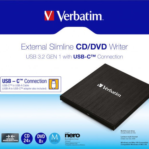 Verbatim Εξωτερικός Οδηγός Εγγραφής/Ανάγνωσης DVD/CD για Laptop / Desktop Μαύρο