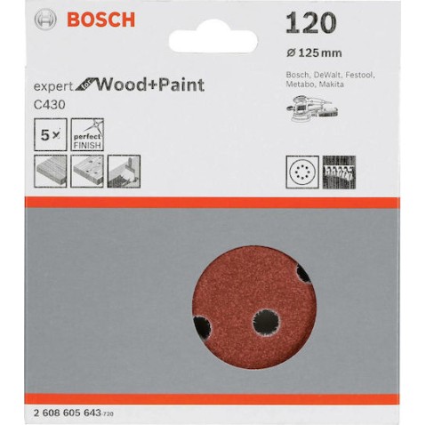 Bosch Φύλλο Λείανσης Έκκεντρου Τριβείου K120 με Τρύπες 125x125mm Σετ 5τμχ